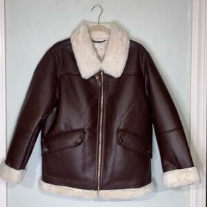 Joie Brown Faux Leather Creme Faux Fur Trim Lined Women’s Jacket Size L-NWT!